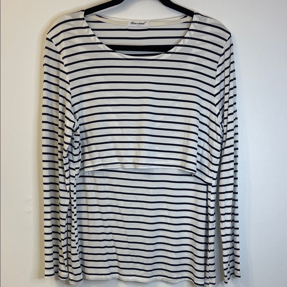 Bearsland White and Navy Striped Long-Sleeve Nursing Tee Size Large PTP 20”-22” - Picture 1 of 6